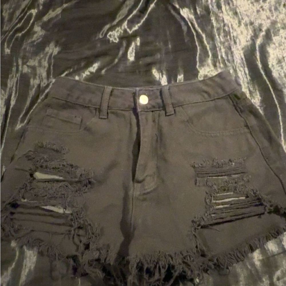 Distressed Black Denim Shorts